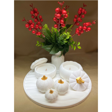 Balkabaklı Kokulu Mum Dekoratif Set -Tabak & Çiçek DAHİL
