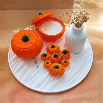 Kokulu Balkabağı Dekoratif Mum Seti – Tepsil Dahil, Doğal Soya Wax